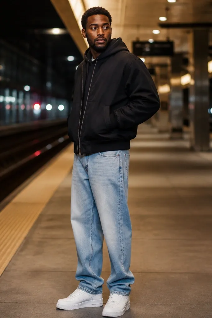 Light blue baggy jeans with a black bomber-hoodie and white sneakers