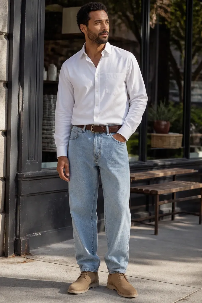 Light blue baggy jeans with a white button-down shirt and tan chukka boots