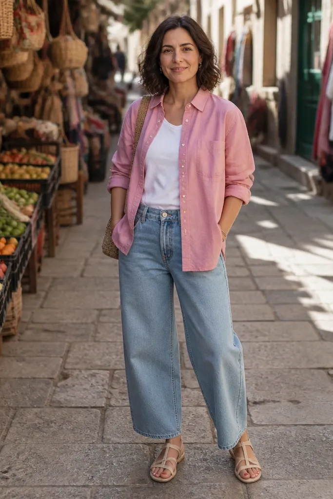 Light blue baggy jeans with a soft rose oxford shirt over a white tee and tan shoes