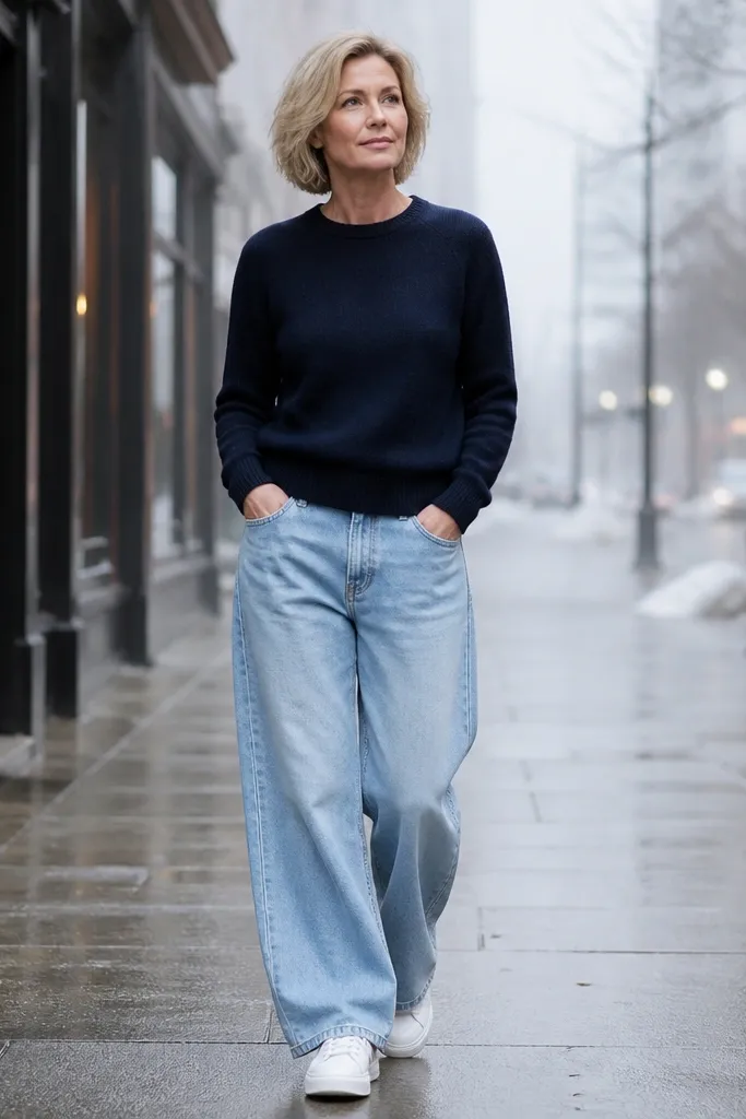 Light blue baggy jeans with a navy crewneck sweater and white sneakers