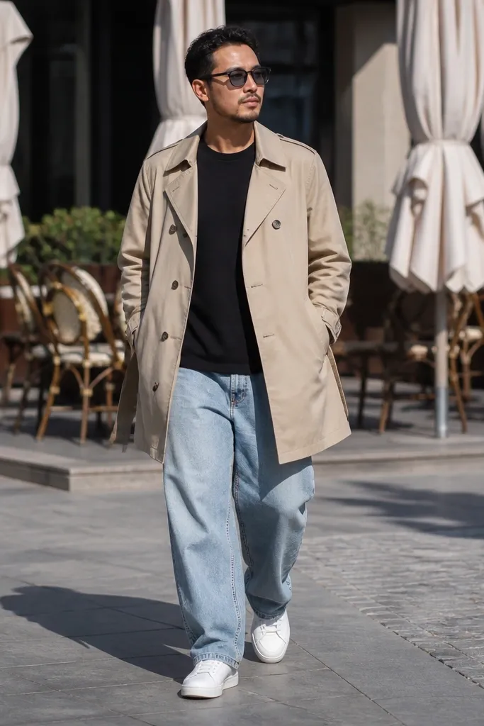 Light blue baggy jeans with a short beige trench, black tee, and white sneakers