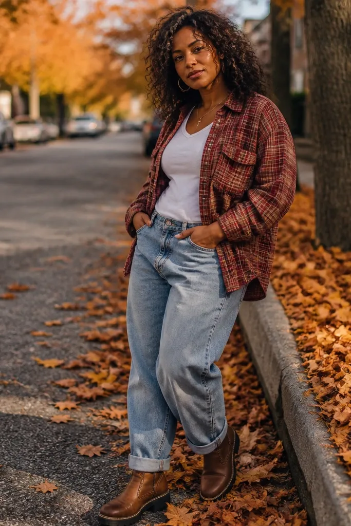 Light blue baggy jeans with a muted red flannel over a white tee and brown boots