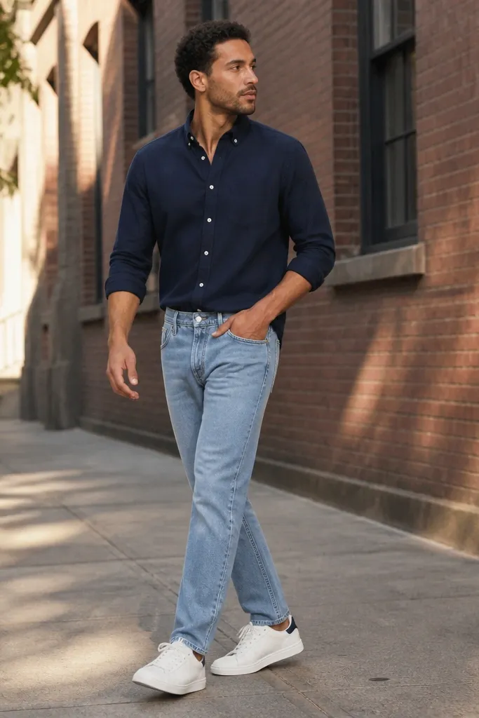 Light blue jeans with a navy Oxford shirt and white sneakers