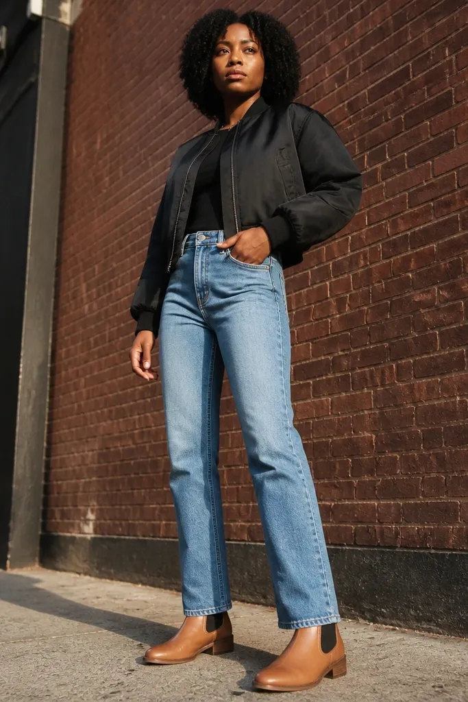 Light blue jeans with a black bomber jacket and tan Chelsea boots