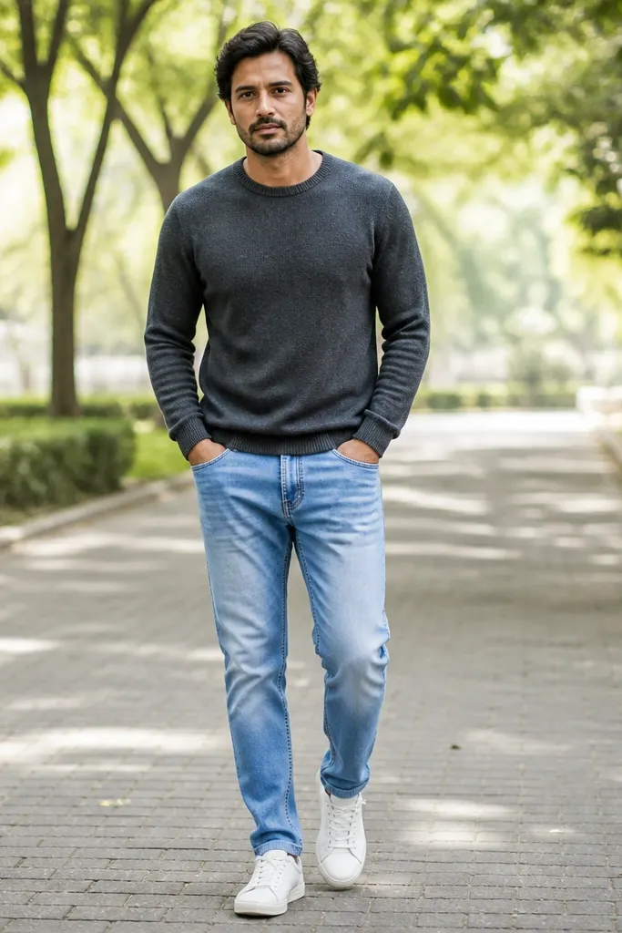 Light blue jeans with a charcoal knit sweater and white sneakers