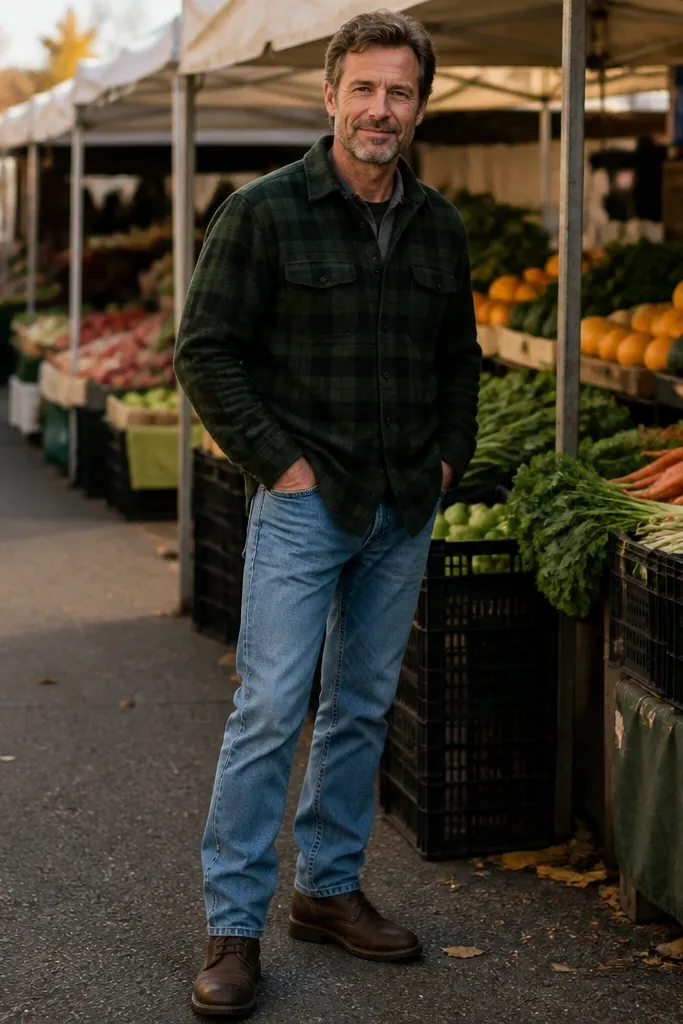 Light blue jeans with a forest green flannel shirt and dark brown boots