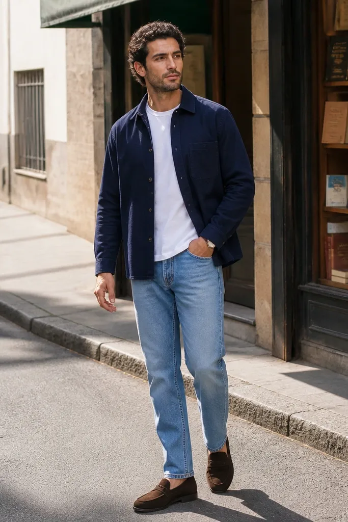 Light blue jeans with a white tee, navy overshirt, and loafers