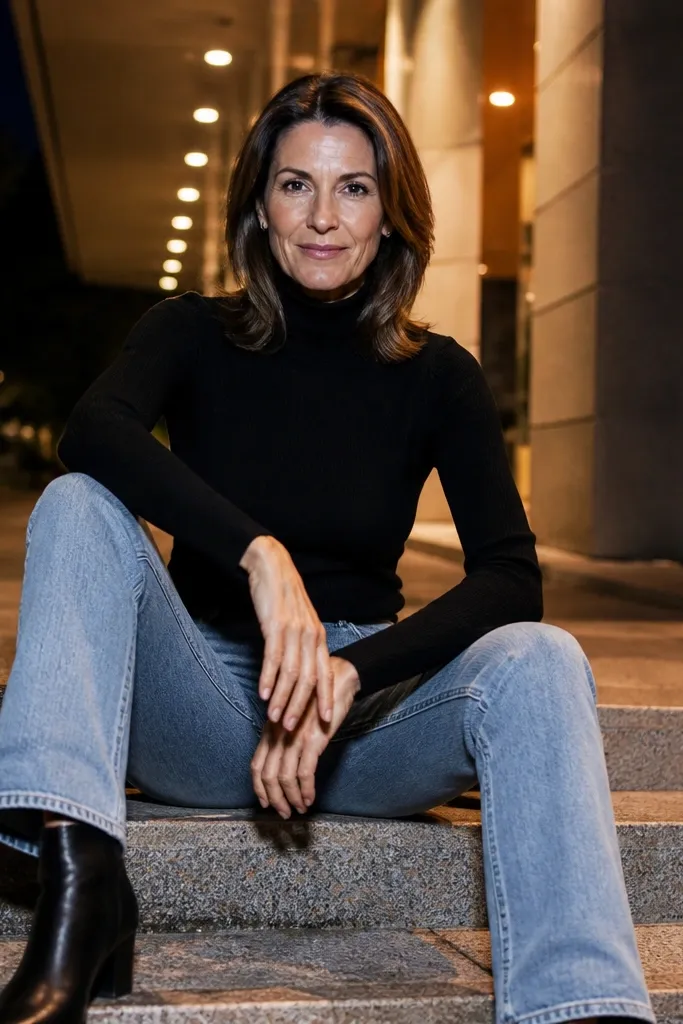 Light blue jeans with a black turtleneck and black boots