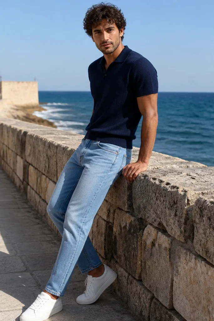 Light blue jeans with a navy knit polo and white sneakers
