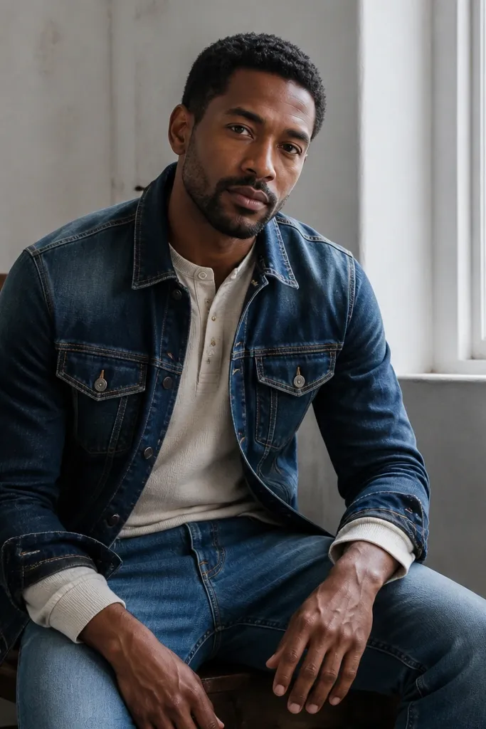 Light blue jeans with a cream henley and a darker denim jacket