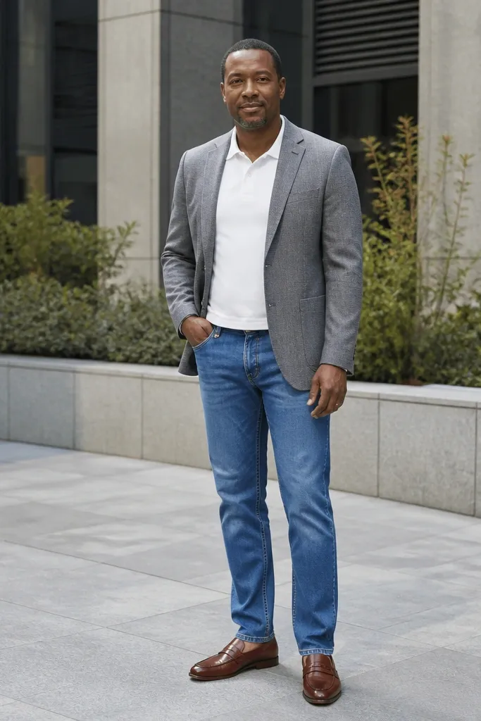Light blue jeans with a grey casual blazer and brown loafers