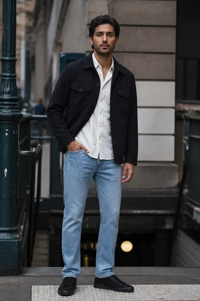Light blue jeans with a black overshirt, white shirt, and black sneakers