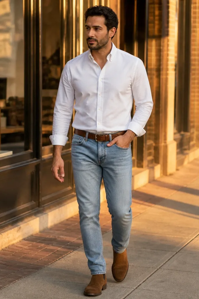 Light blue jeans with a white button-down and suede desert boots