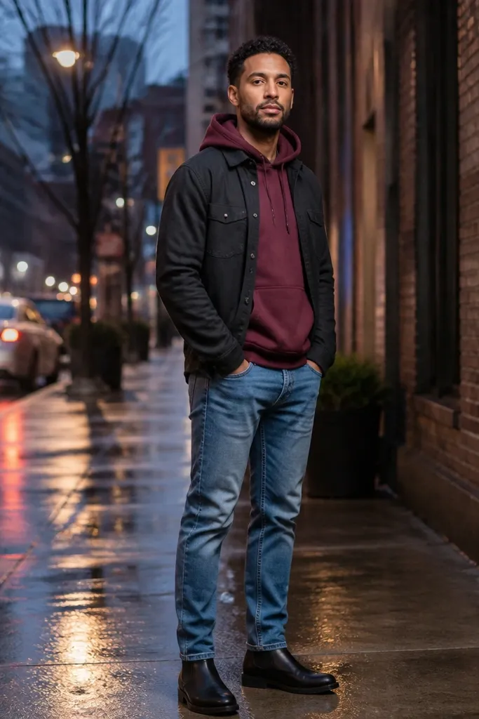 Light blue jeans with a burgundy hoodie and dark overshirt layer