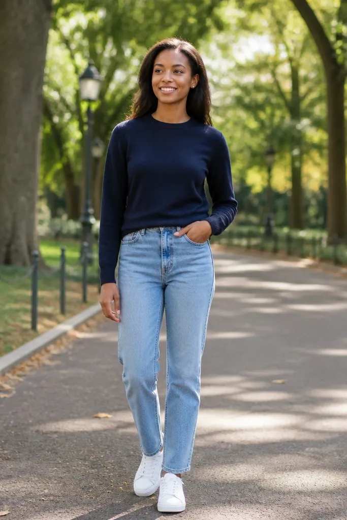 Light blue jeans with a navy crewneck sweater and clean white sneakers