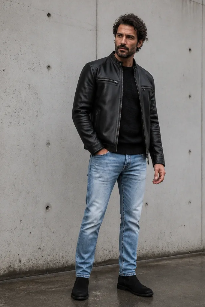 Light blue jeans with a black leather jacket and dark boots