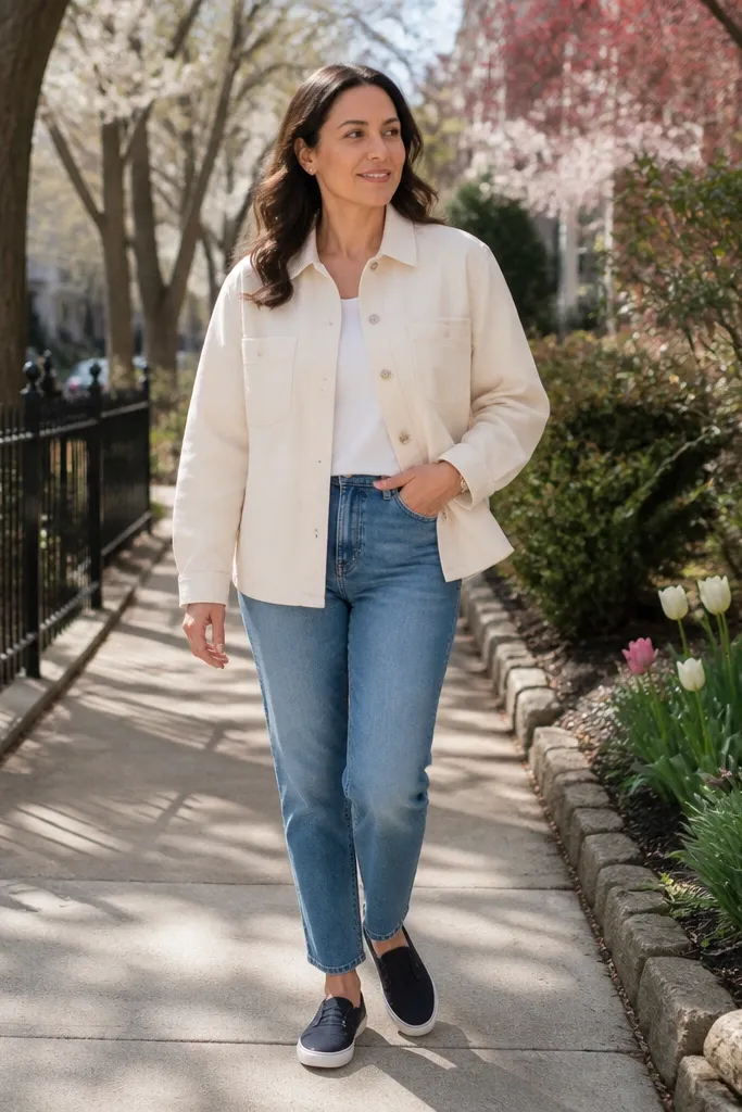 Light blue jeans with an off-white overshirt and navy sneakers