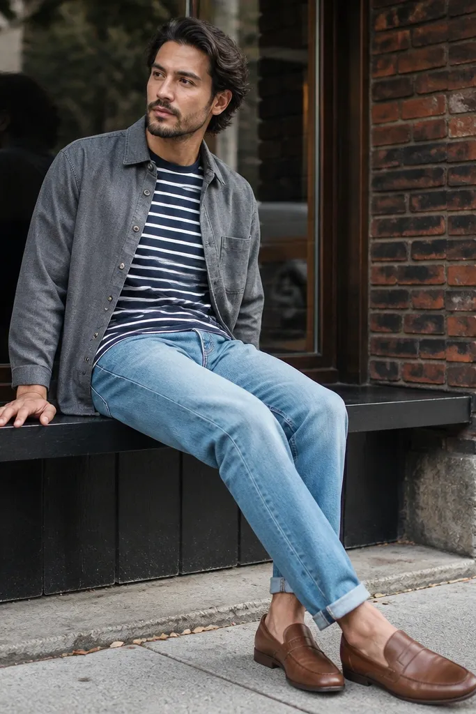 Light blue jeans with a striped tee, grey overshirt, and brown loafers