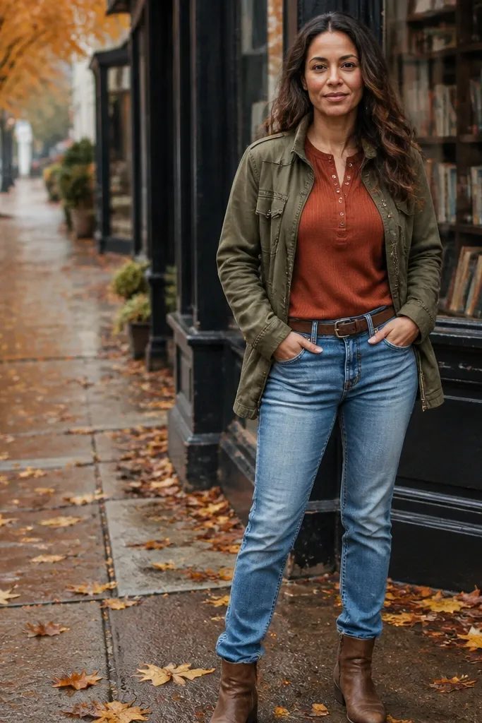 Light blue jeans with a rust henley and an olive field jacket