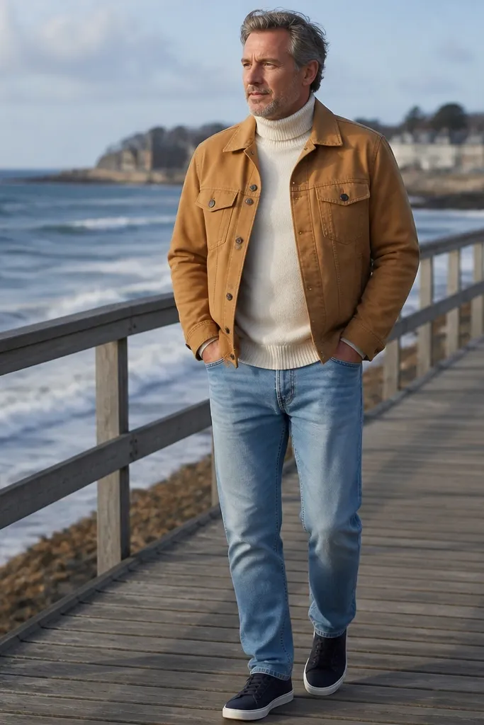 Light blue jeans with a cream turtleneck and tan trucker jacket