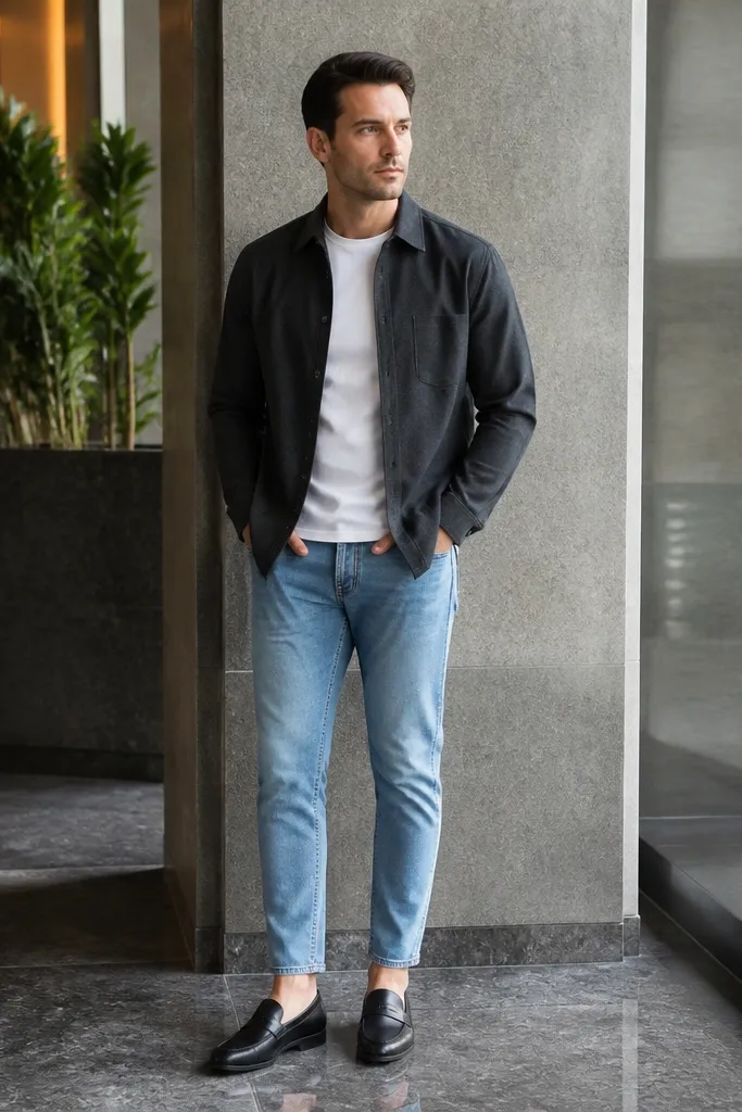 Charcoal overshirt, white T-shirt, light blue jeans, black loafers