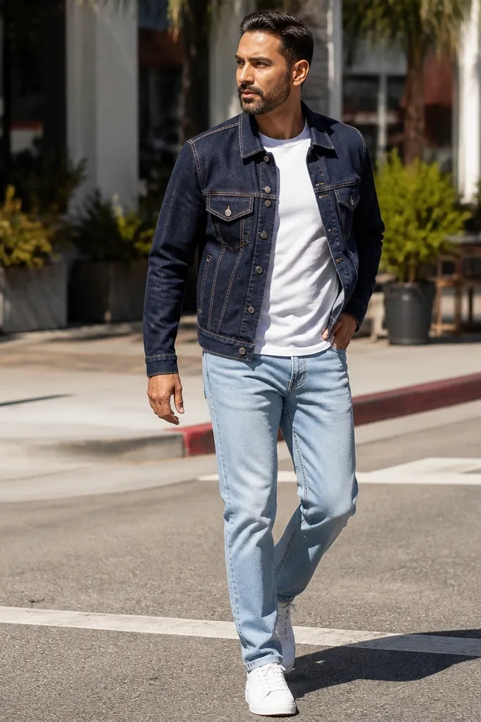 Navy denim jacket, light blue jeans, white sneakers, white T-shirt