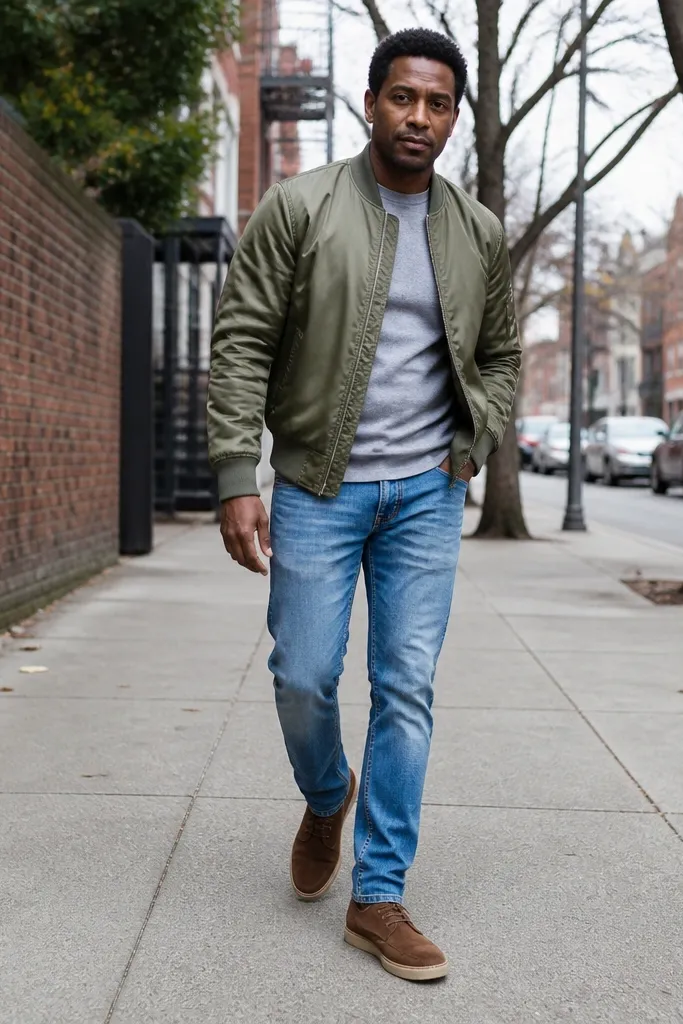 Olive bomber jacket, gray tee, light blue jeans, brown chukka boots