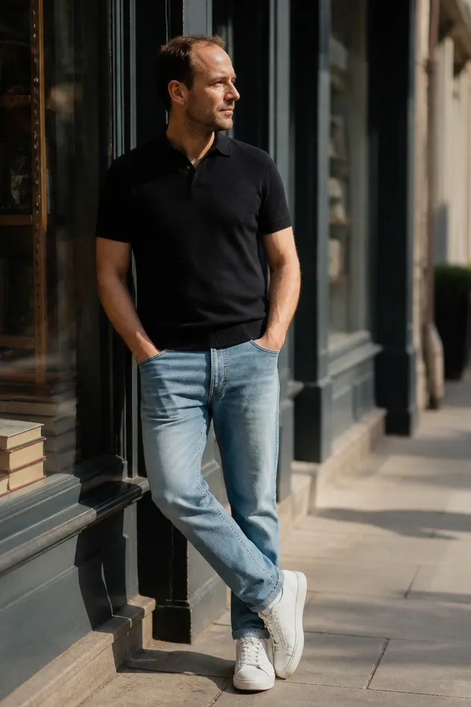 Black knit polo, light blue jeans, white low-top sneakers