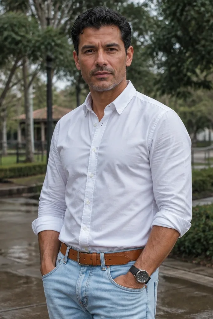 White button-down shirt, light blue jeans, brown tan belt, brown loafers
