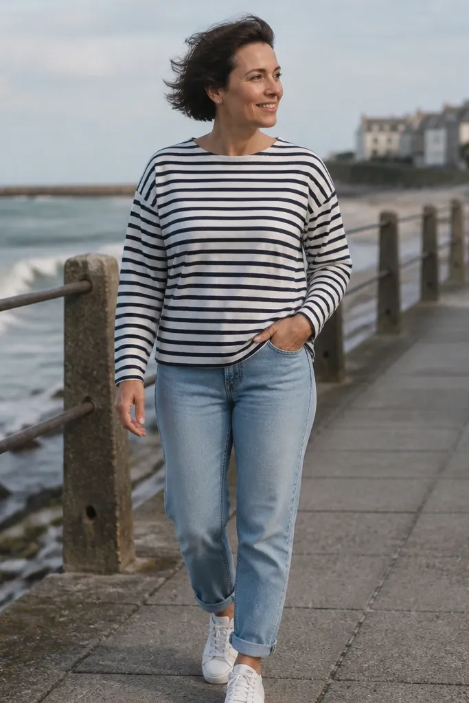 Navy and white striped Breton shirt, light blue jeans, white sneakers