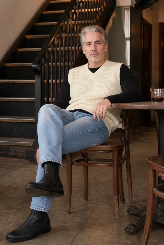 Cream sweater vest over black long-sleeve tee with light blue jeans and black Chelsea boots