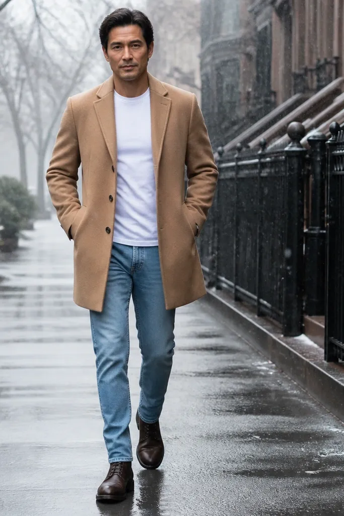 Camel overcoat, white tee, light blue jeans, dark brown leather boots