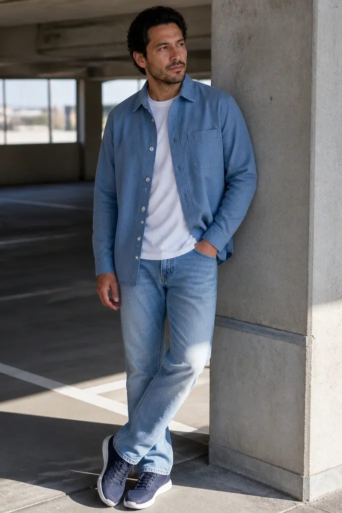 Light blue overshirt, white tee, light blue jeans, navy sneakers