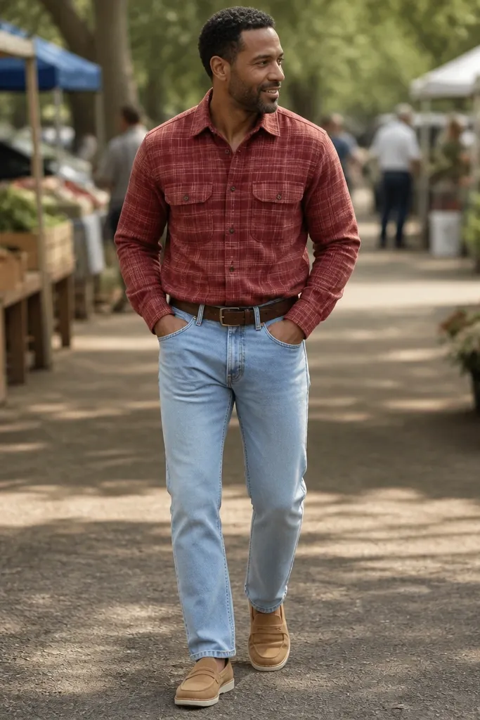 Red flannel shirt, light blue jeans, tan suede loafers, dark brown belt