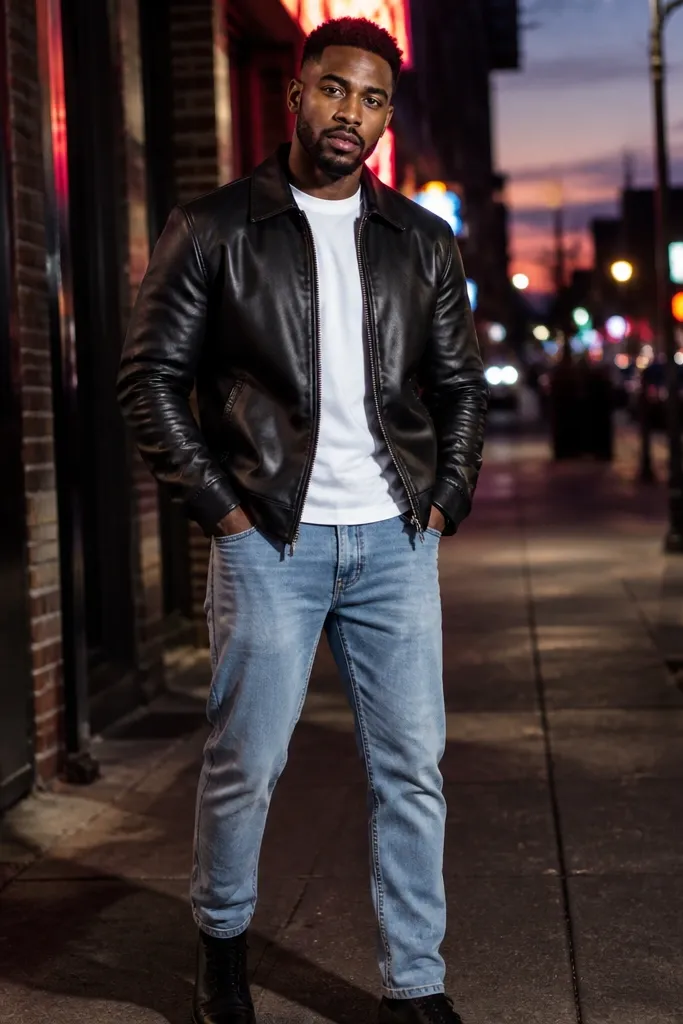 Black leather jacket, white tee, light blue jeans, black sneakers
