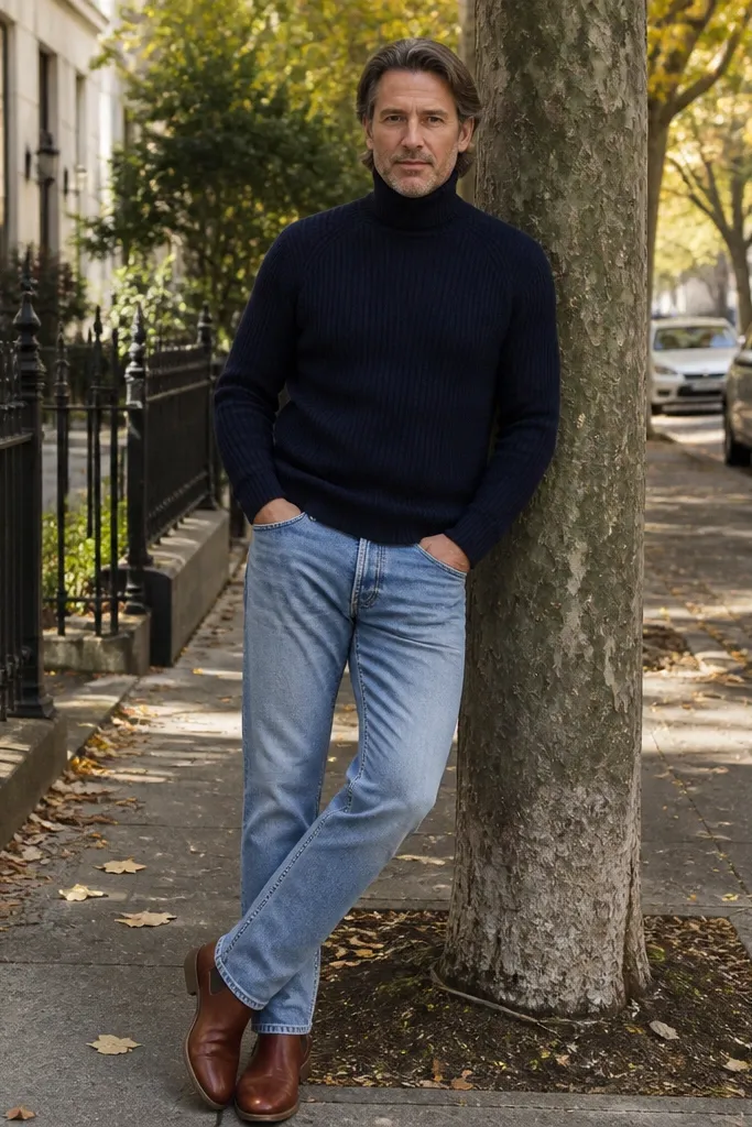 Navy turtleneck sweater, light blue jeans, brown leather boots