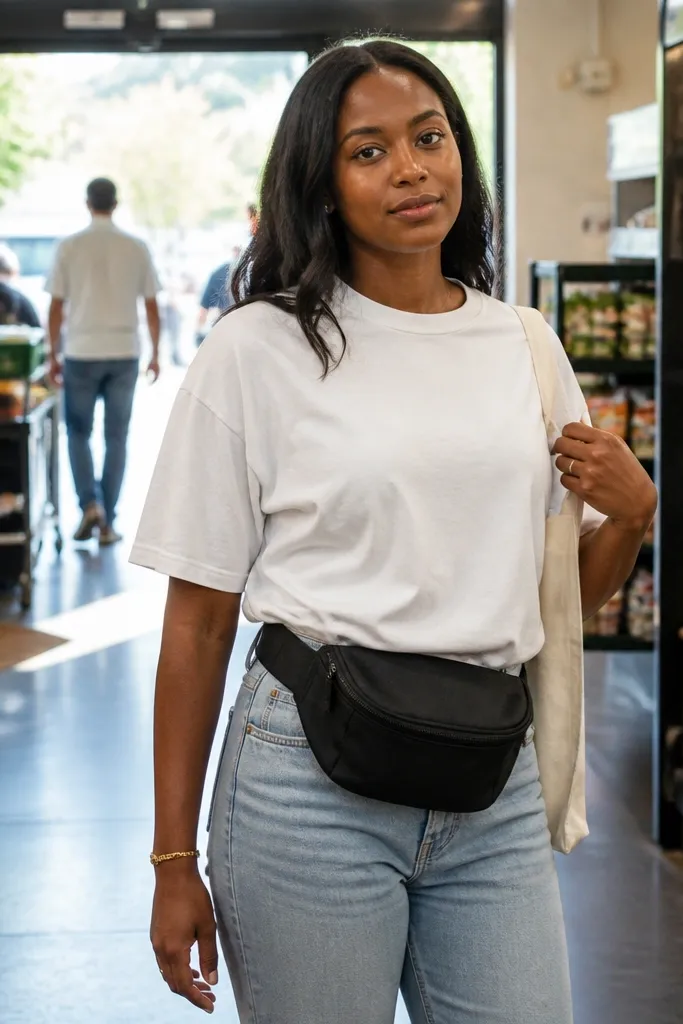 White oversized T-shirt, light blue jeans, black belt bag, white sneakers