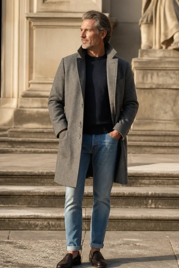 Gray wool coat, navy sweater, light blue jeans, dark leather loafers