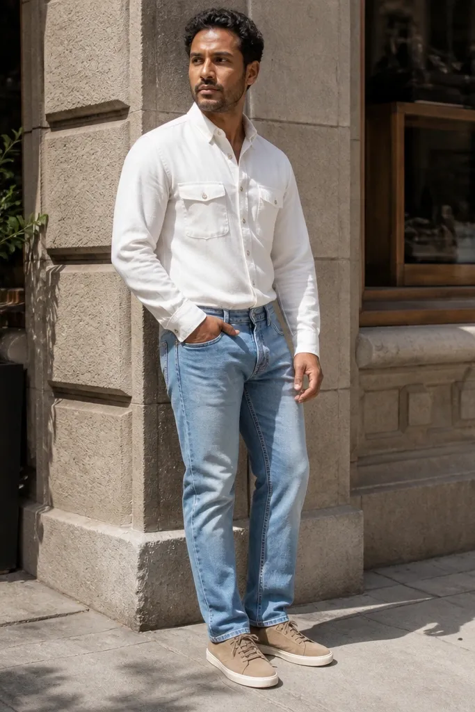 White denim shirt, light blue jeans, tan sneakers