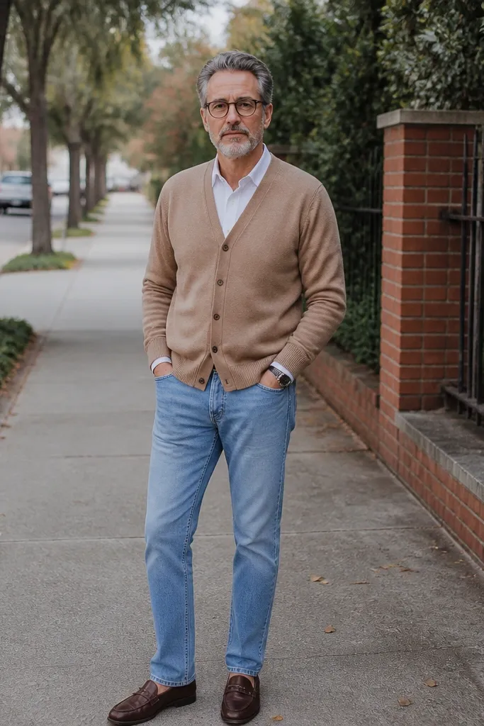 Tan cardigan over white shirt, light blue jeans, brown loafers