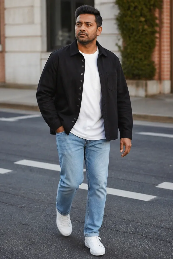 Black overshirt over white pocket tee, light blue jeans, white trainers