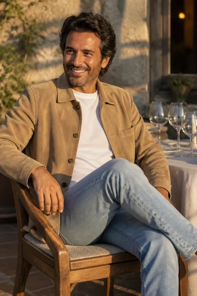 Sand suede jacket, white tee, light blue jeans, brown derby shoes