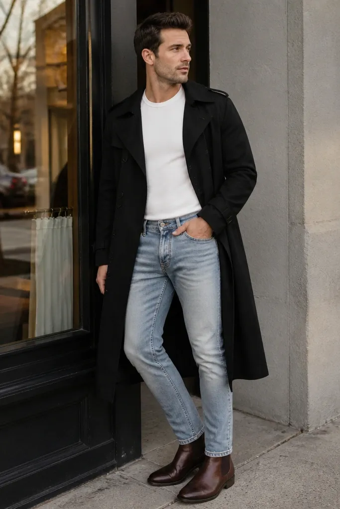 Black trench over a white tee with light blue jeans and brown Chelsea boots