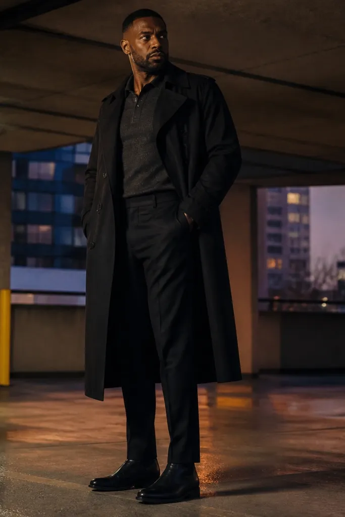 Charcoal knit polo under a black trench with black trousers and black leather boots