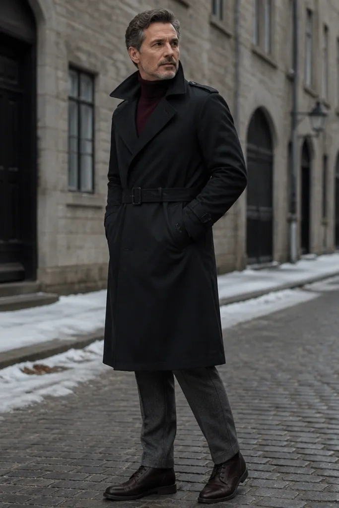 Black trench over a burgundy turtleneck with grey wool trousers and dark brown lace-up boots