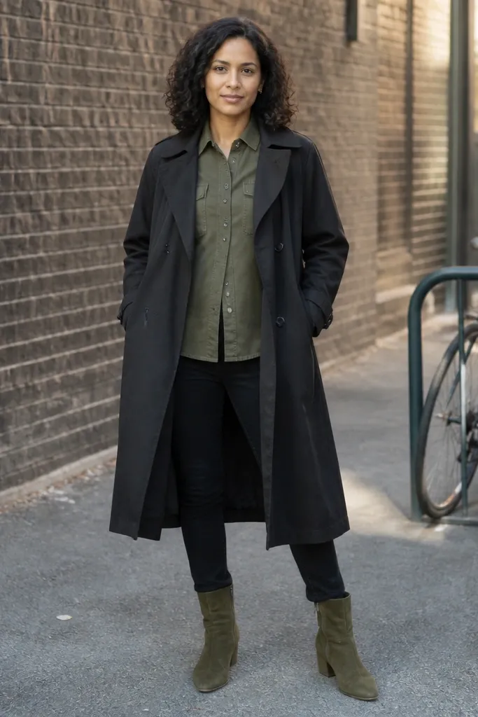 Black trench over an olive overshirt with black jeans and olive suede boots