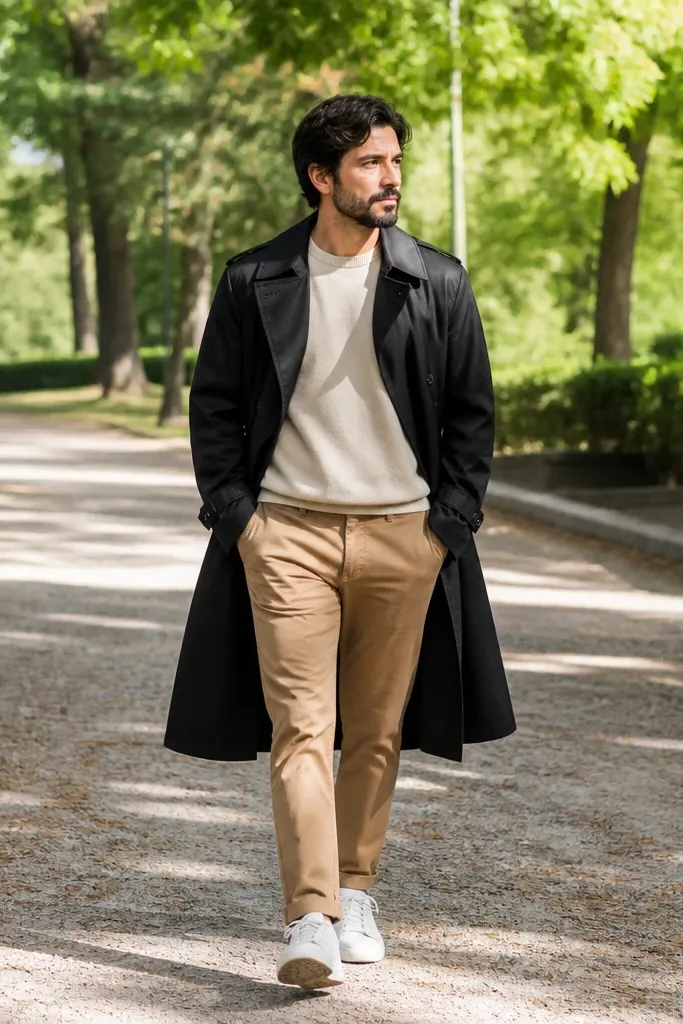 Black trench over a cream sweater with camel chinos and white sneakers