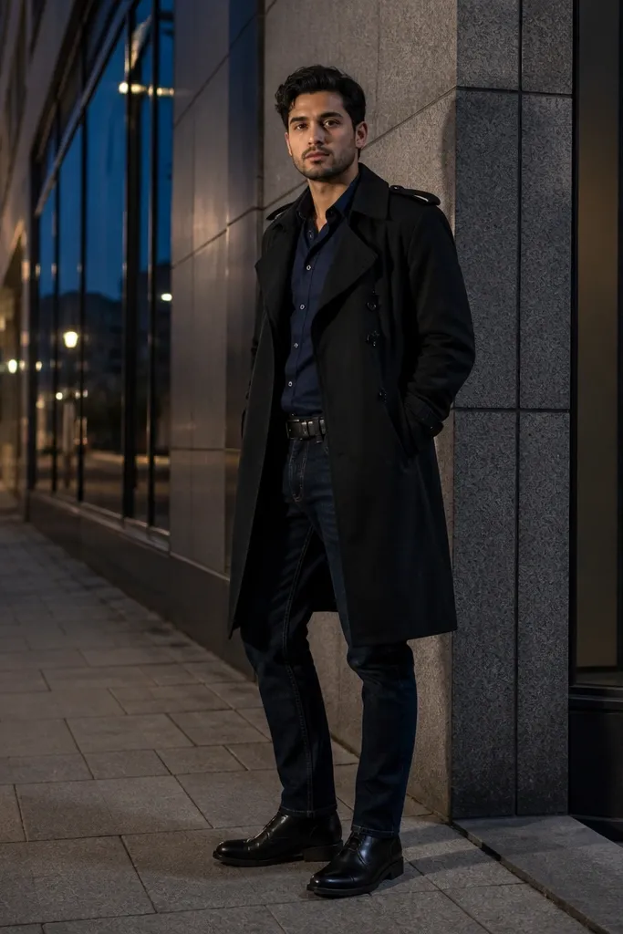 Black trench over a navy button-down with dark indigo jeans and black cap-toe boots