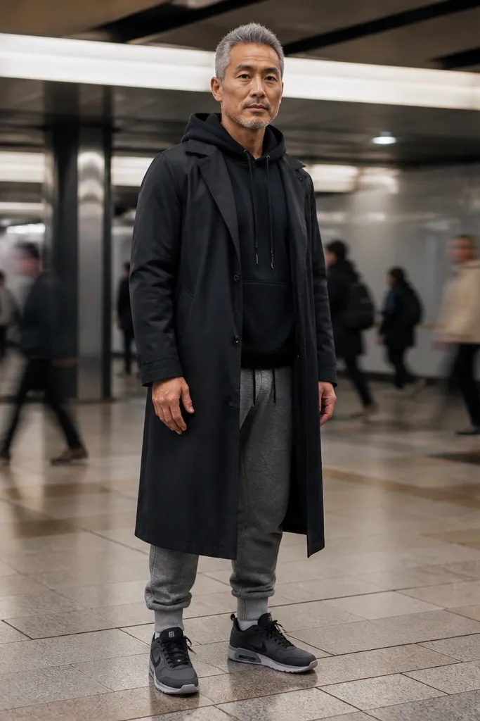 Black trench over a black hoodie with grey joggers and black-and-grey sneakers