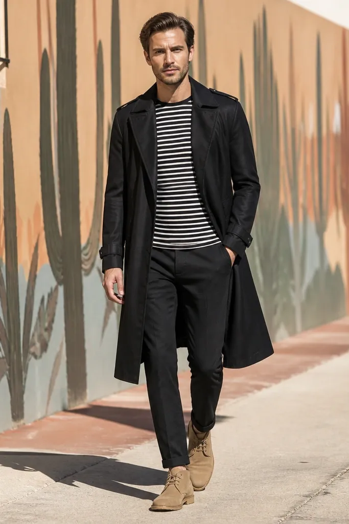 Black trench over a black-and-white striped tee with black chinos and tan desert boots